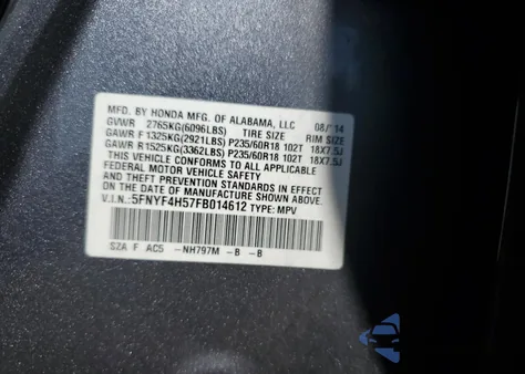 2015 Honda Pilot Exl from USA, damaged, VIN 5FNYF4H57FB014612